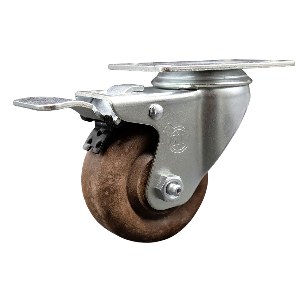 Stainless Steel High Temp Glass Filled Nylon Swivel Top Plate Caster w/3" x 1.25" Brown Wheel & Total Locking Brake - 350 lbs Capacity/Caster - Service Caster Brand — photo 1