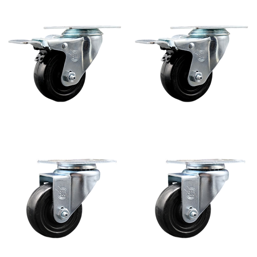 Stainless Steel Hard Rubber Swivel Top Plate Caster Set of 4 w/3" x 1.25" Black Wheels - Includes 2 Swivel with Total Locking Brakes & 2 Swivel - 1100 lbs Total Capacity - Service Caster Brand — photo 1