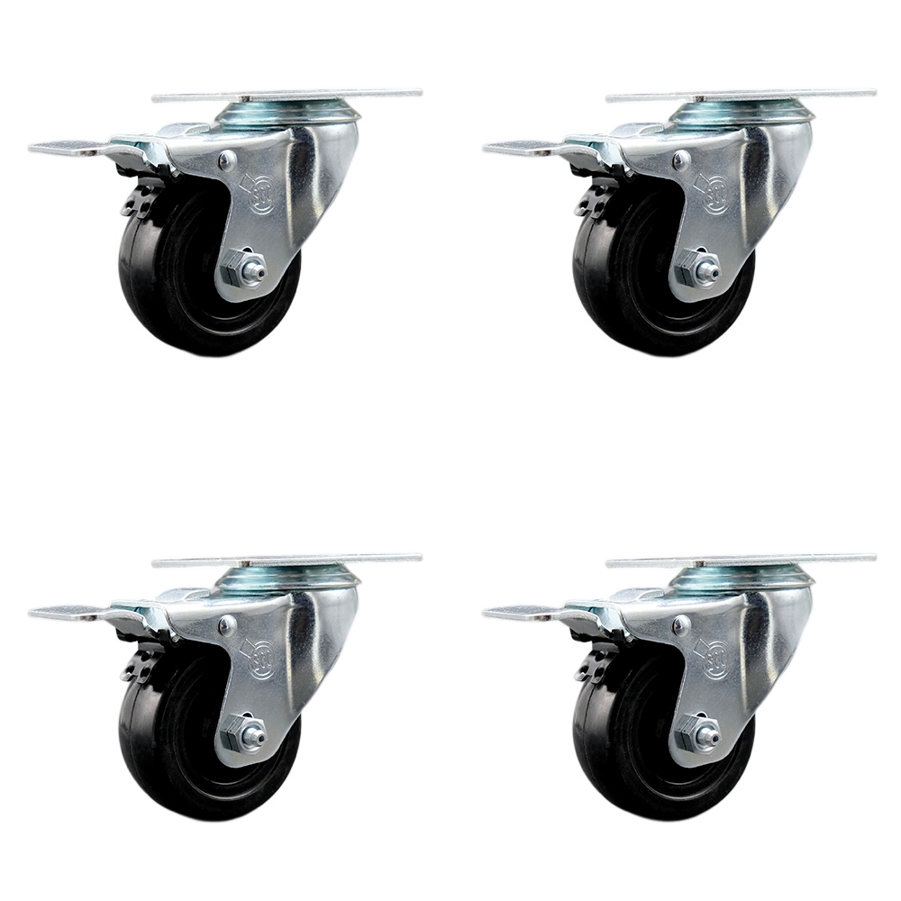 Stainless Steel Hard Rubber Swivel Top Plate Caster Set of 4 w/3" x 1.25" Black Wheels - Includes 4 Swivel with Total Lock Brakes - 1100 lbs Total Capacity - Service Caster Brand — photo 1