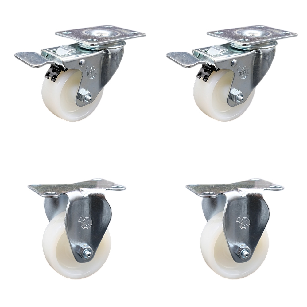 Stainless Steel Nylon Swivel Top Plate Caster Set of 4 w/3" x 1.25" White Wheels - Includes 2 Swivel with Total Locking Brakes & 2 Rigid - 1200 lbs Total Capacity - Service Caster Brand — photo 1