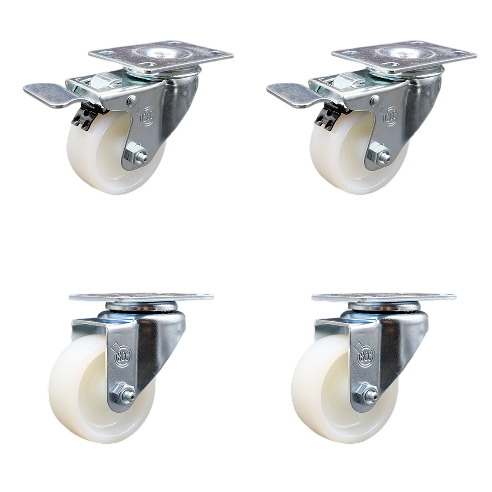 Stainless Steel Nylon Swivel Top Plate Caster Set of 4 w/3" x 1.25" White Wheels - Includes 2 Swivel with Total Locking Brakes & 2 Swivel - 1200 lbs Total Capacity - Service Caster Brand — photo 1