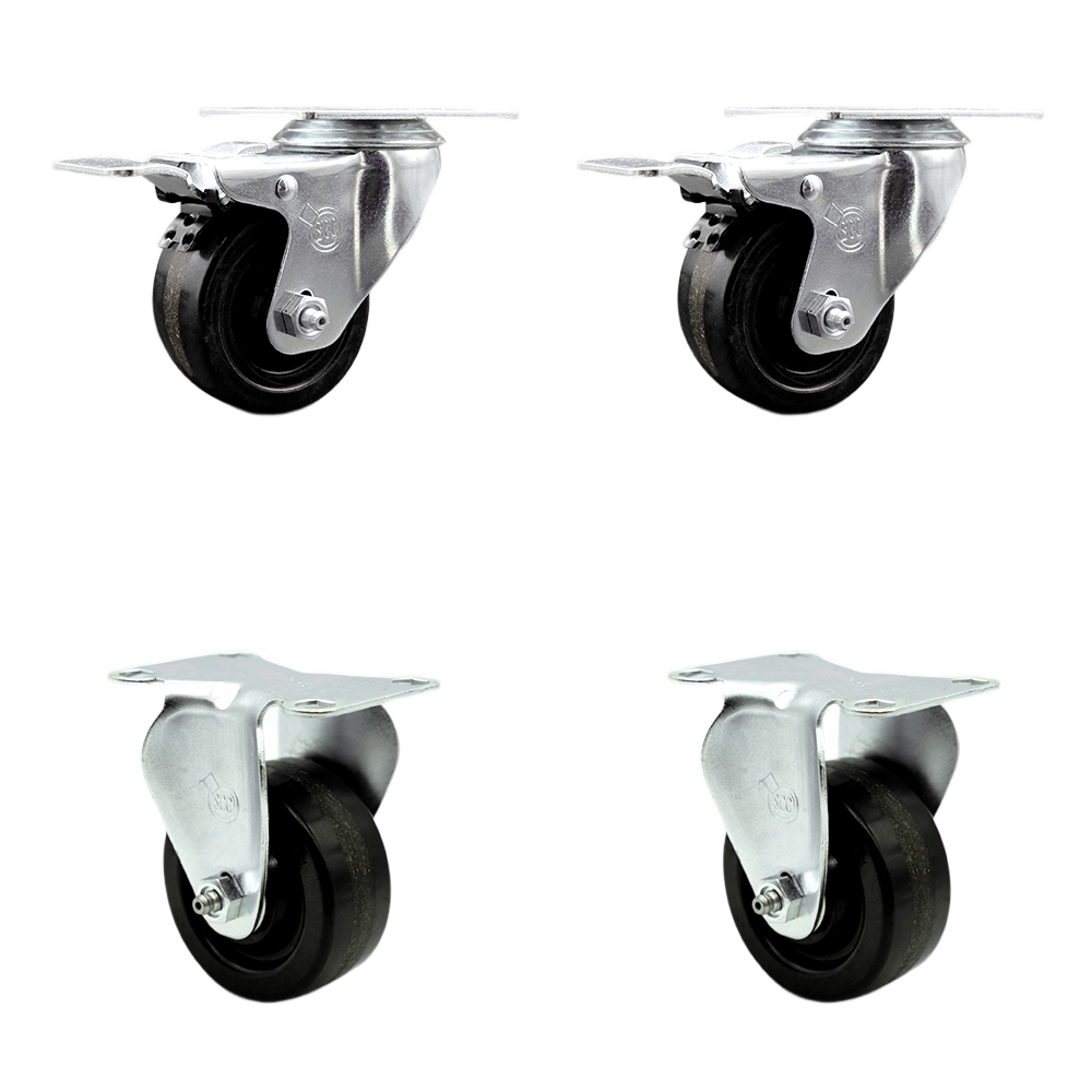 Stainless Steel Phenolic Swivel Top Plate Caster Set of 4 w/3" x 1.25" Black Wheels - Includes 2 Swivel with Total Locking Brakes & 2 Rigid - 1200 lbs Total Capacity - Service Caster Brand — photo 1
