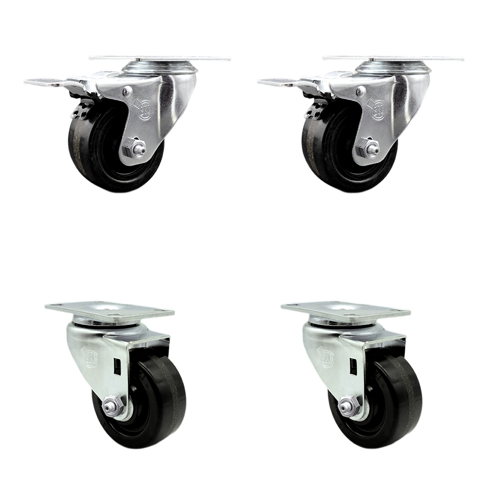 Stainless Steel Phenolic Swivel Top Plate Caster Set of 4 w/3" x 1.25" Black Wheels - Includes 2 Swivel with Total Locking Brakes & 2 Swivel - 1200 lbs Total Capacity - Service Caster Brand — photo 1
