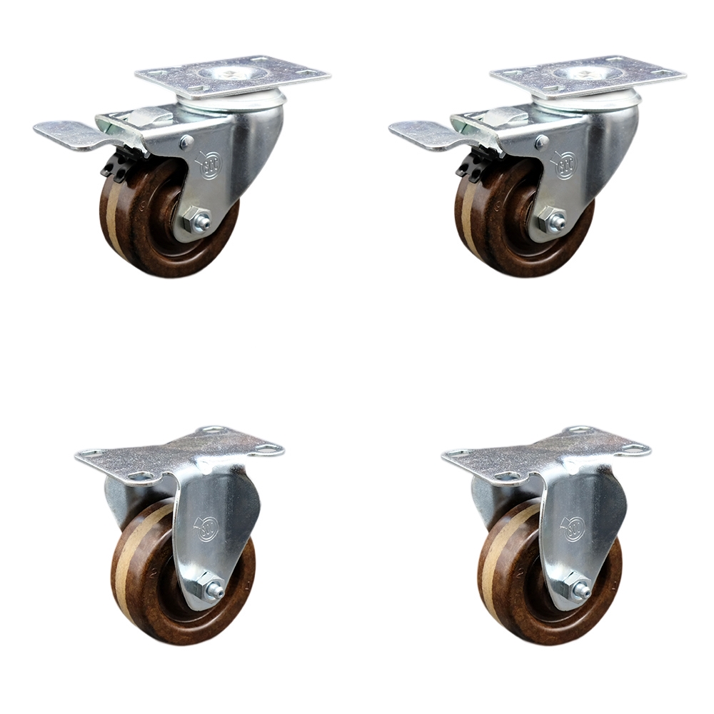 Stainless Steel High Temp Phenolic Swivel Top Plate Caster Set of 4 w/3" x 1.25" Brown Wheels-Includes 2 Swivel with Total Locking Brakes&2 Rigid-1200 lbs Total Capacity-Service Caster Brand — photo 1