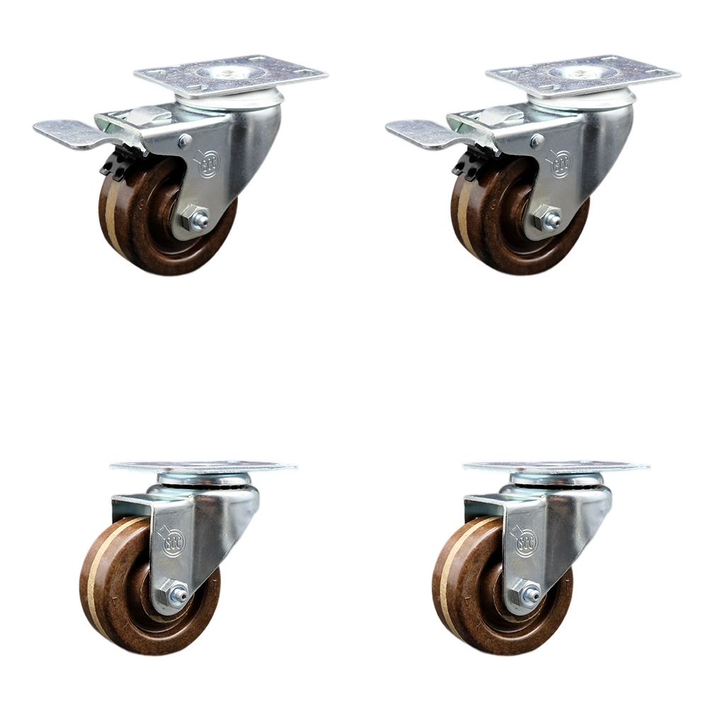 Stainless Steel High Temp Phenolic Swivel Top Plate Caster Set 4 w/3" x 1.25" Brown Wheels-Includes 2 Swivel with Total Locking Brakes&2 Swivel-1200 lbs Total Capacity-Service Caster Brand — photo 1