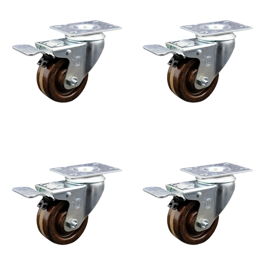 Stainless Steel High Temperature Phenolic Swivel Top Plate Caster Set of 4 w/3" x 1.25" Brown Wheels - Includes 4 Swivel with Total Lock Brakes - 1200 lbs Total Capacity - Service Caster Brand — photo 1