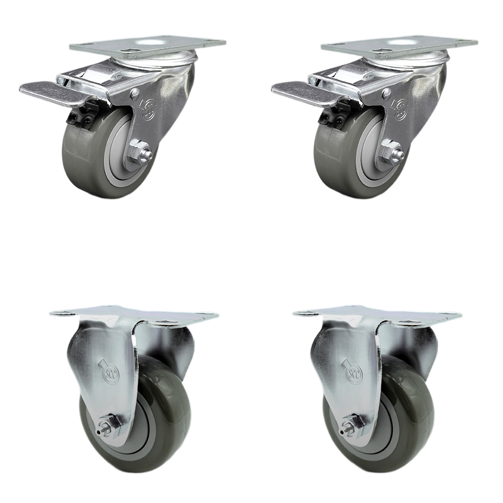 Stainless Steel Polyurethane Top Plate Caster Set of 4 w/3" x 1.25"  Gray Wheels - 2 Swivel Casters w/Total Locking Brake & 2 Rigid - 1200 lbs Capacity/Caster - Service Caster Brand — photo 1