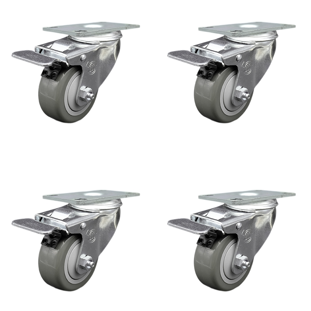Stainless Steel Polyurethane Swivel Top Plate Caster Set of 4 w/3" x 1.25" Gray Wheels - Includes 4 Swivel with Total Lock Brakes - 1200 lbs Total Capacity - Service Caster Brand — photo 1
