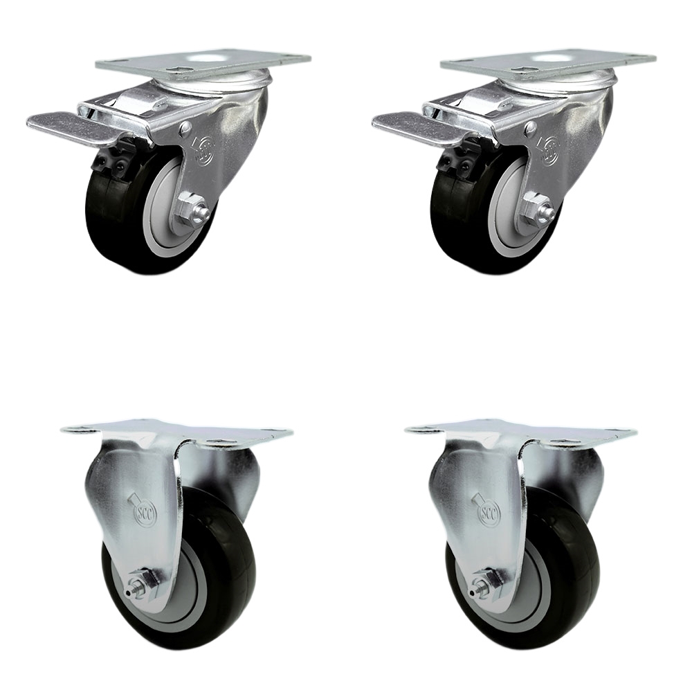 Stainless Steel Polyurethane Top Plate Caster Set of 4 w/3" x 1.25"  Black Wheels - 2 Swivel Casters w/Total Locking Brake & 2 Rigid - 1200 lbs Capacity/Caster - Service Caster Brand — photo 1