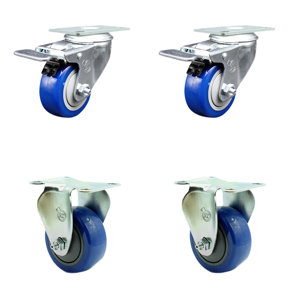Stainless Steel Polyurethane Top Plate Caster Set of 4 w/3" x 1.25"  Blue Wheels - 2 Swivel Casters w/Total Locking Brake & 2 Rigid - 1200 lbs Capacity/Caster - Service Caster Brand — photo 1