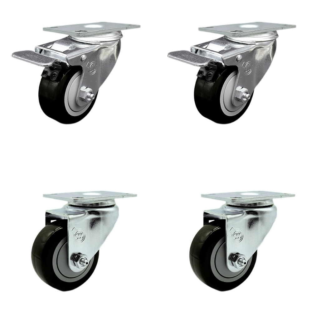 Stainless Steel Polyurethane Swivel Top Plate Caster Set of 4 w/3" x 1.25"  Black Wheels - Includes 2 with Total Locking Brakes - 1200 lbs Total Capacity - Service Caster Brand — photo 1