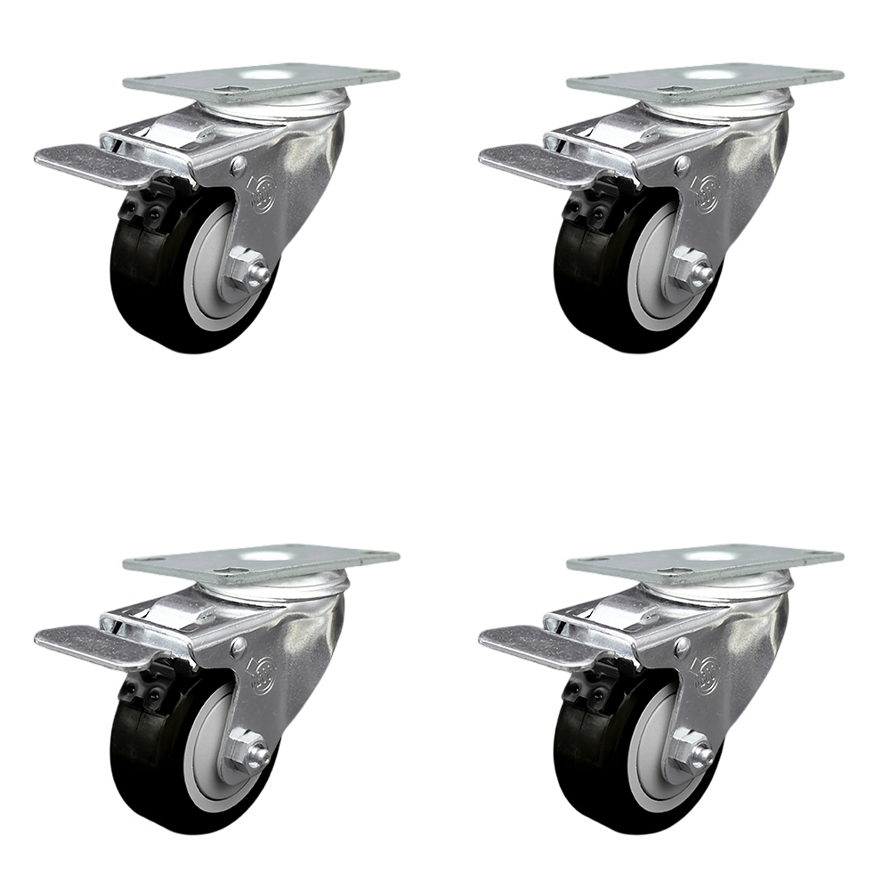 Stainless Steel Polyurethane Swivel Top Plate Caster Set of 4 w/3" x 1.25" Black Wheels - Includes 4 Swivel with Total Lock Brakes - 1200 lbs Total Capacity - Service Caster Brand — photo 1