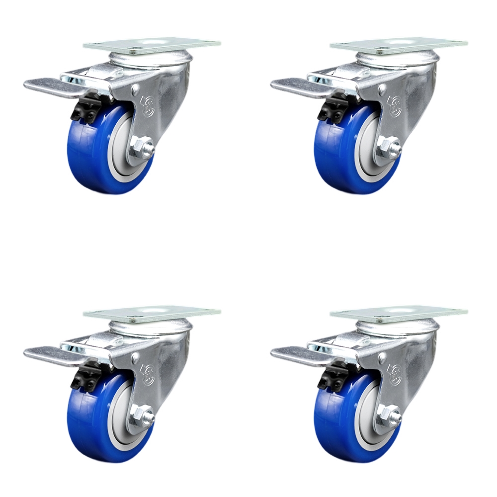 Stainless Steel Polyurethane Swivel Top Plate Caster Set of 4 w/3" x 1.25" Blue Wheels - Includes 4 Swivel with Total Lock Brakes - 1200 lbs Total Capacity - Service Caster Brand — photo 1