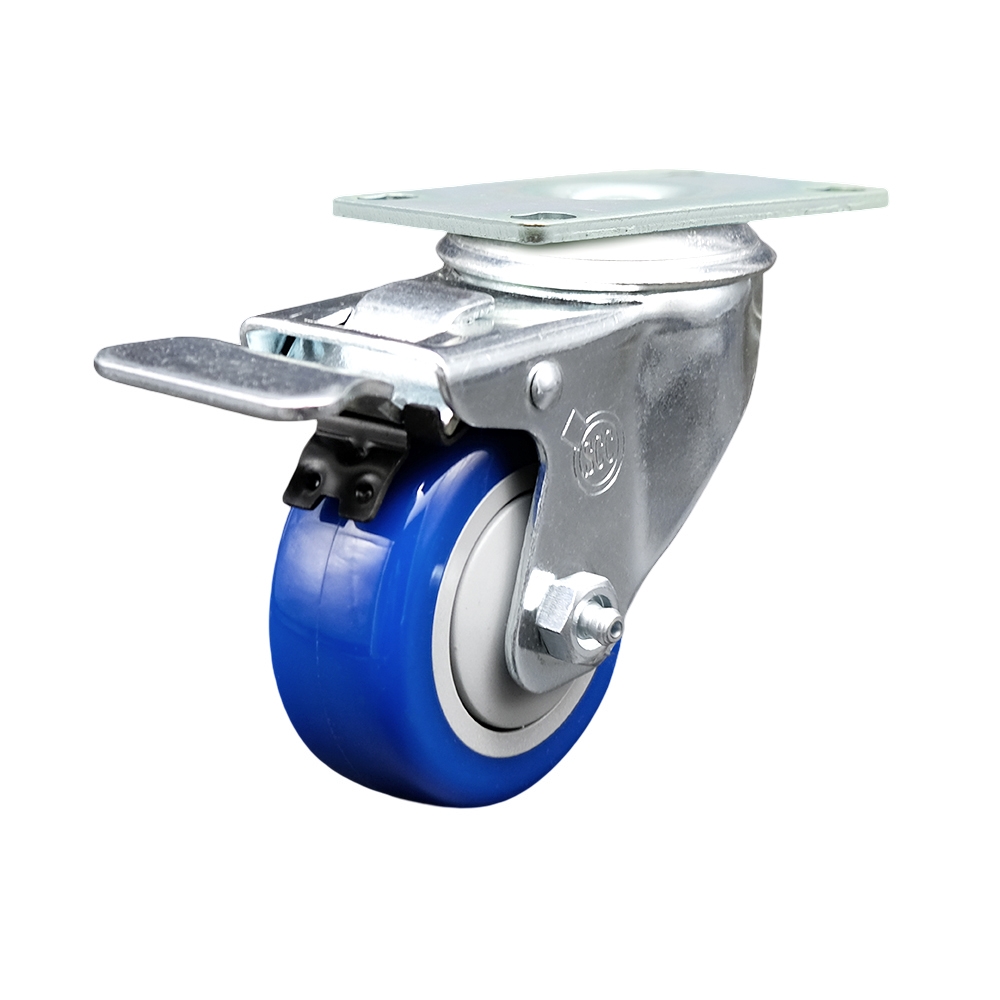 Stainless Steel Polyurethane Swivel Top Plate Caster w/3" x 1.25" Blue Wheel & Total Locking Brake - 300 lbs Capacity/Caster - Service Caster Brand — photo 1