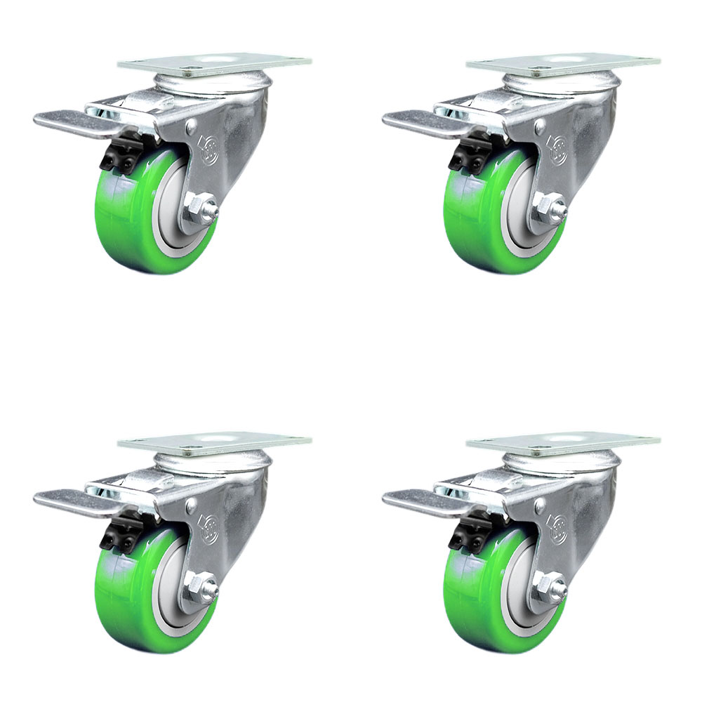 Stainless Steel Polyurethane Swivel Top Plate Caster Set of 4 w/3" x 1.25" Green Wheels - Includes 4 Swivel with Total Lock Brakes - 1200 lbs Total Capacity - Service Caster Brand — photo 1
