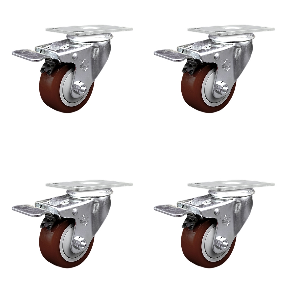 Stainless Steel Polyurethane Swivel Top Plate Caster Set of 4 w/3" x 1.25" Maroon Wheels - Includes 4 Swivel with Total Lock Brakes - 1200 lbs Total Capacity - Service Caster Brand — photo 1