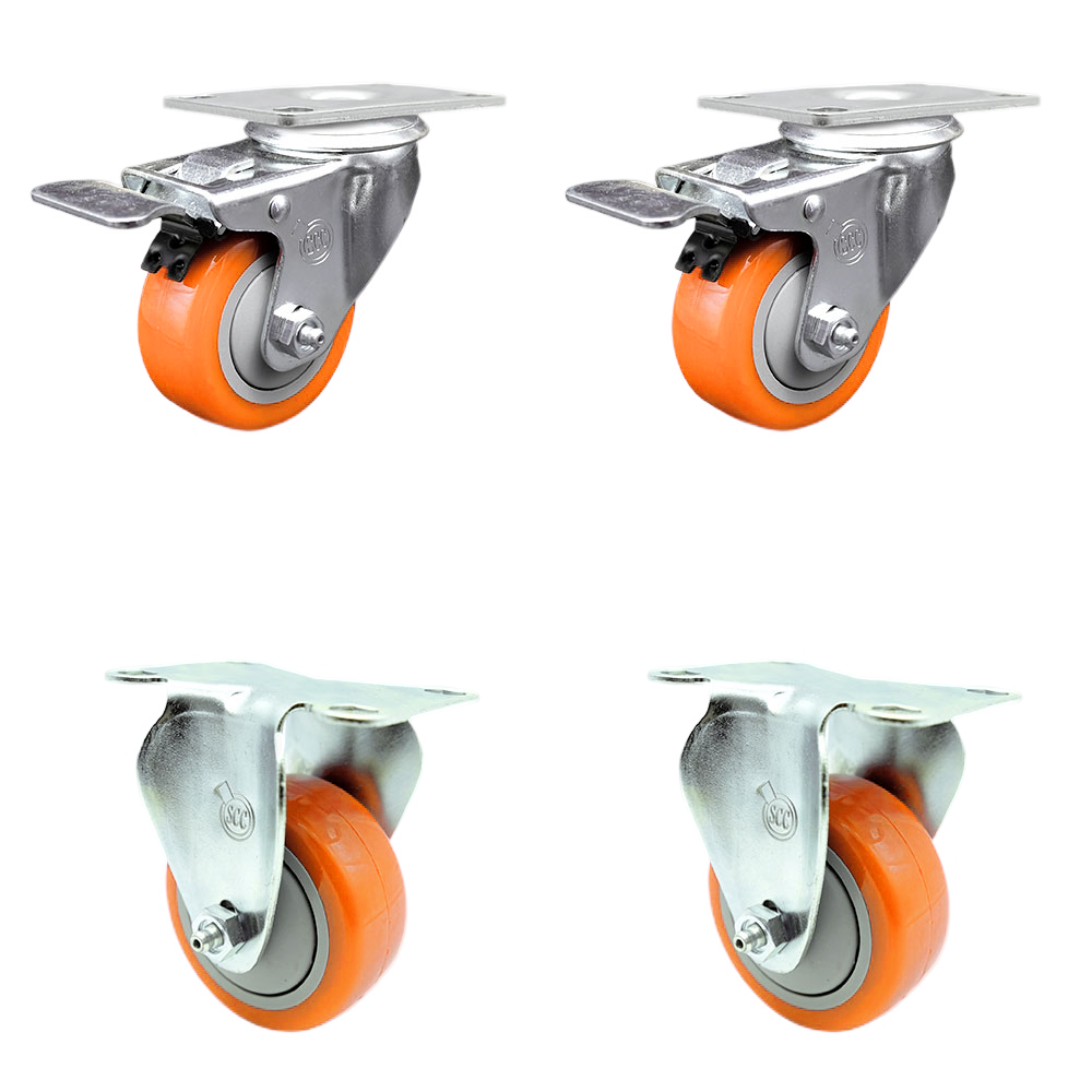 Stainless Steel Polyurethane Top Plate Caster Set of 4 w/3" x 1.25"  Orange Wheels - 2 Swivel Casters w/Total Locking Brake & 2 Rigid - 1200 lbs Capacity/Caster - Service Caster Brand — photo 1