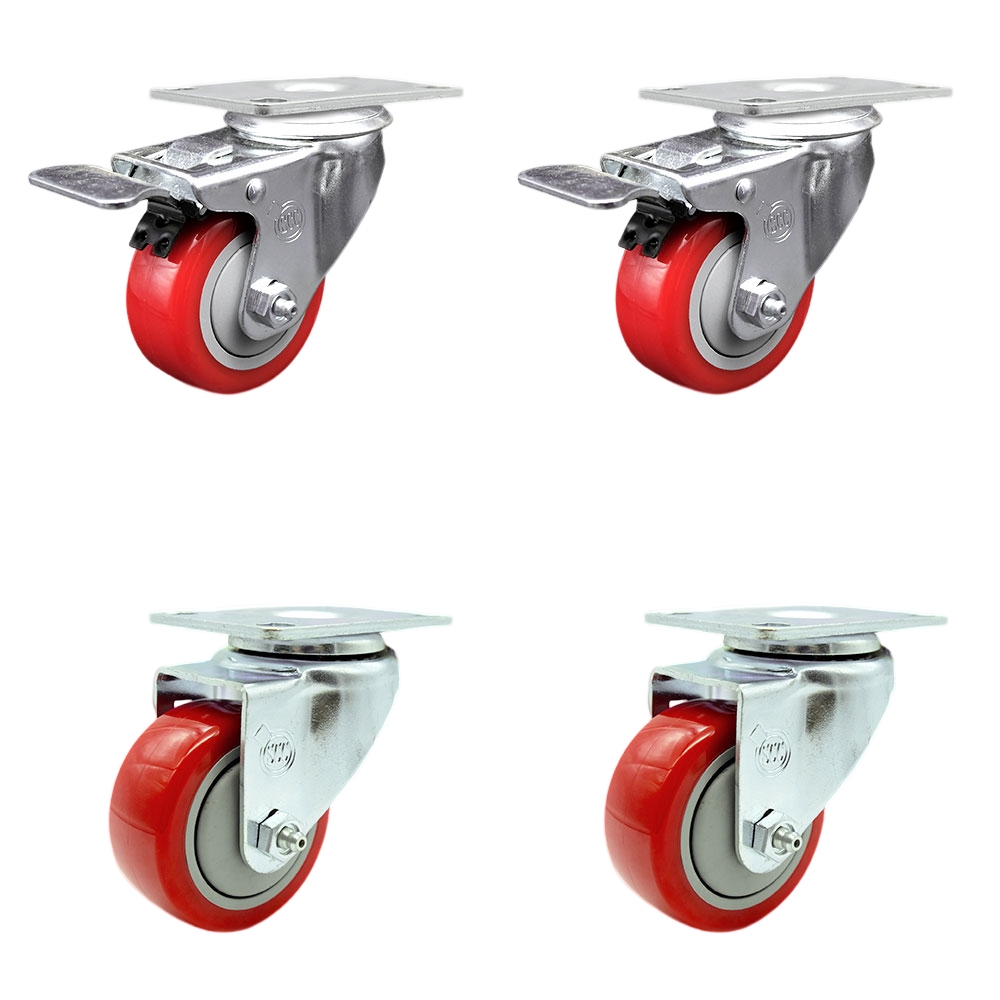 Stainless Steel Polyurethane Swivel Top Plate Caster Set of 4 w/3" x 1.25" Red Wheels - Includes 2 with Total Locking Brakes - 1200 lbs Total Capacity - Service Caster Brand — photo 1