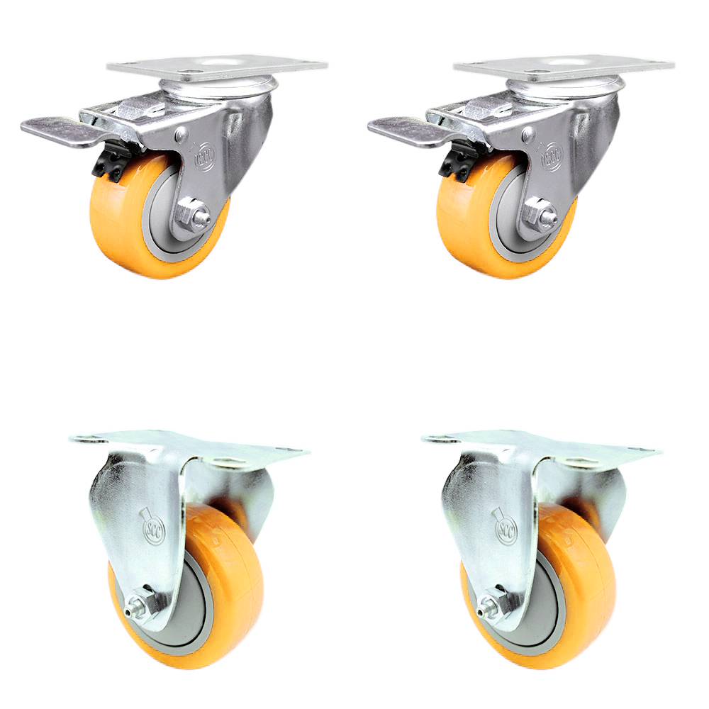 Stainless Steel Polyurethane Top Plate Caster Set of 4 w/3" x 1.25"  Yellow Wheels - 2 Swivel Casters w/Total Locking Brake & 2 Rigid - 1200 lbs Capacity/Caster - Service Caster Brand — photo 1