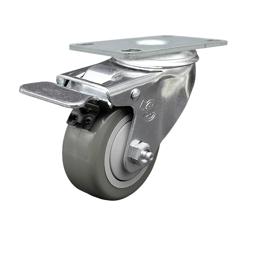 Stainless Steel Polyurethane Swivel Top Plate Caster w/3" x 1.25" Gray Wheel & Total Locking Brake - 300 lbs Capacity/Caster - Service Caster Brand — photo 1