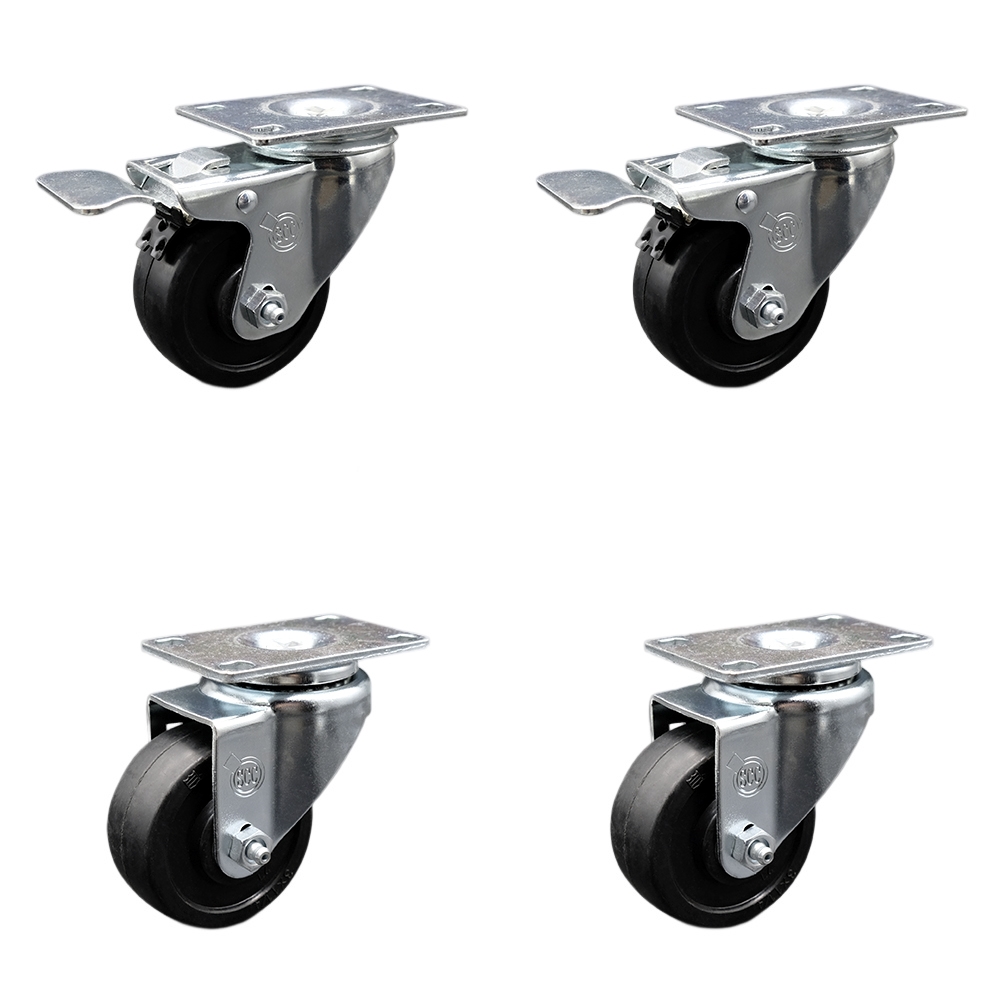 Stainless Steel Soft Rubber Swivel Top Plate Caster Set of 4 w/3" x 1.25" Black Wheels - Includes 2 Swivel with Total Locking Brakes & 2 Swivel - 700 lbs Total Capacity - Service Caster Brand — photo 1