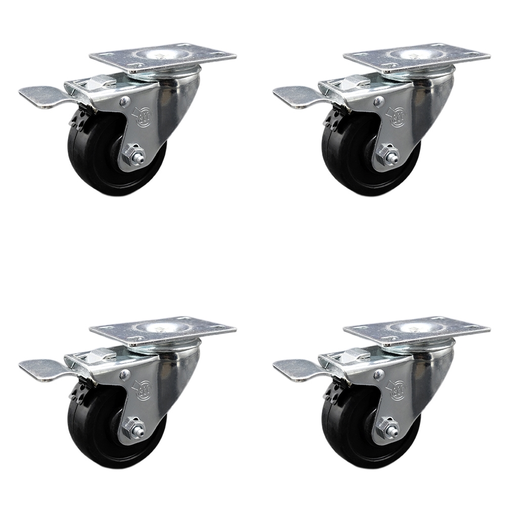 Stainless Steel Soft Rubber Swivel Top Plate Caster Set of 4 w/3" x 1.25" Black Wheels - Includes 4 Swivel with Total Lock Brakes - 700 lbs Total Capacity - Service Caster Brand — photo 1