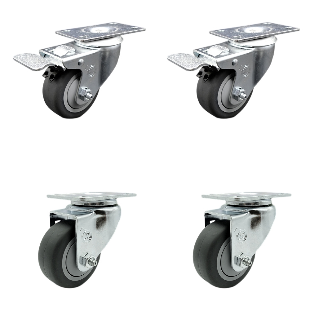Stainless Steel Thermoplastic Rubber Swivel Top Plate Caster Set of 4 - 3" x 1.25" Gray Wheels - Includes 2 Swivel with Total Locking Brakes & 2 Swivel - 840 lbs Total Capacity - Service Caster Brand — photo 1