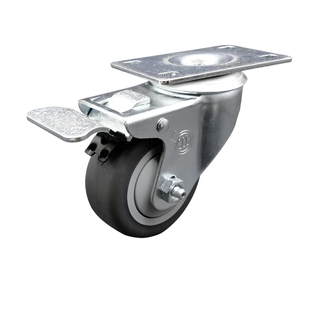 Stainless Steel Thermoplastic Rubber Swivel Top Plate Caster - 3" x 1.25" Gray Wheel & Total Locking Brake - 210 lbs Capacity/Caster - Service Caster Brand — photo 1