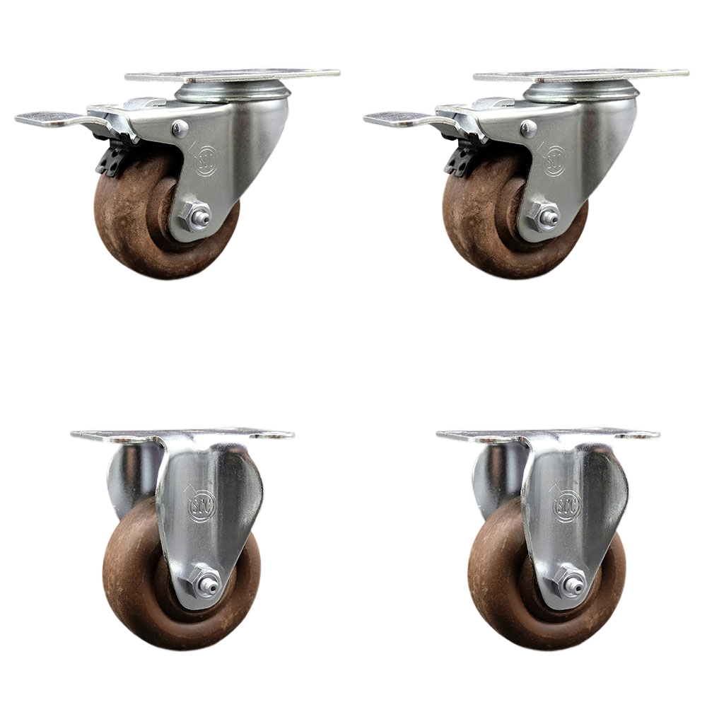 Stainless Steel High Temp Glass Filled Nylon Swivel Top Plate Caster Set 4 w/3.5" x 1.25" Brown Wheels-Includes 2 Swivel with Total Locking Brakes& 2 Rigid-1400 lbs Total Capacity-Service Caster Brand — photo 1