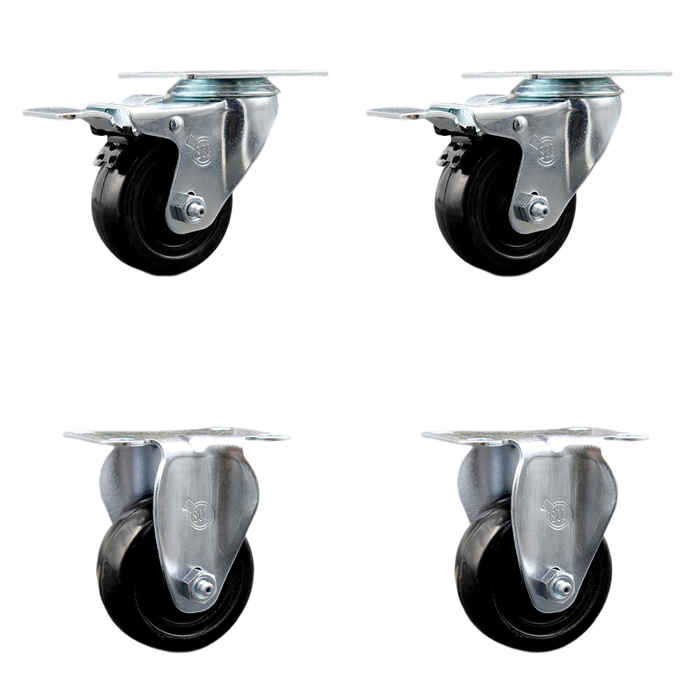 Stainless Steel Hard Rubber Swivel Top Plate Caster Set of 4 w/3.5" x 1.25" Black Wheels - Includes 2 Swivel with Total Locking Brakes & 2 Rigid - 1100 lbs Total Capacity - Service Caster Brand — photo 1