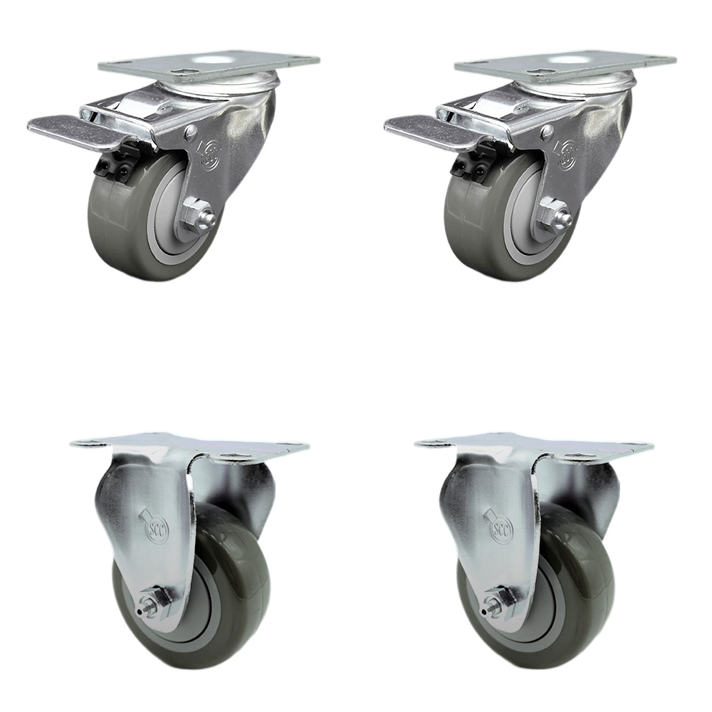 Stainless Steel Polyurethane Top Plate Caster Set of 4 w/3.5" x 1.25"  Gray Wheels - 2 Swivel Casters w/Total Locking Brake & 2 Rigid - 1200 lbs Capacity/Caster - Service Caster Brand — photo 1