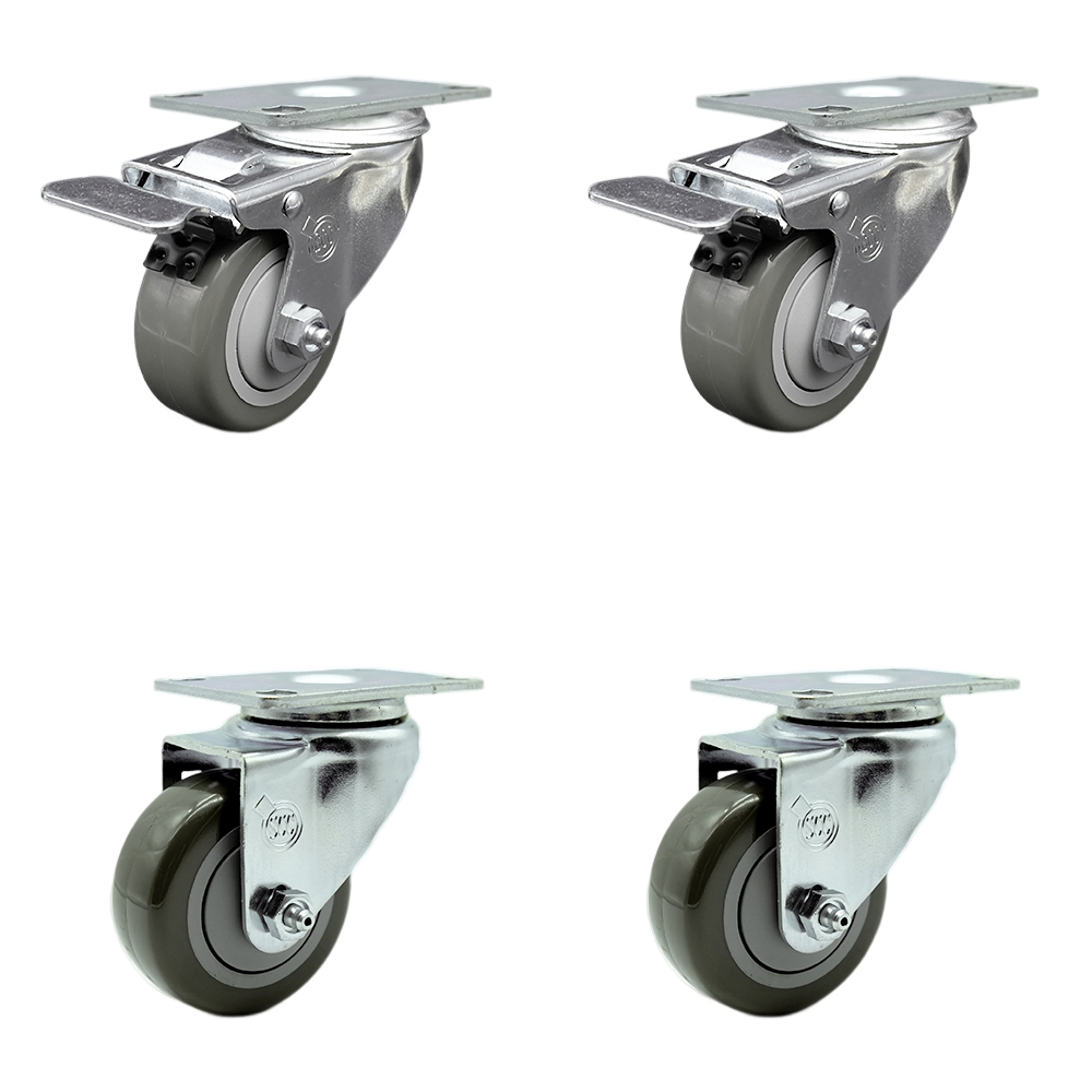 Stainless Steel Polyurethane Swivel Top Plate Caster Set of 4 w/3.5" x 1.25"  Gray Wheels - Includes 2 with Total Locking Brakes - 1200 lbs Total Capacity - Service Caster Brand — photo 1