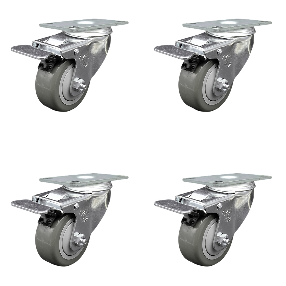 Stainless Steel Polyurethane Swivel Top Plate Caster Set of 4 w/3.5" x 1.25" Gray Wheels - Includes 4 Swivel with Total Lock Brakes - 1200 lbs Total Capacity - Service Caster Brand — photo 1