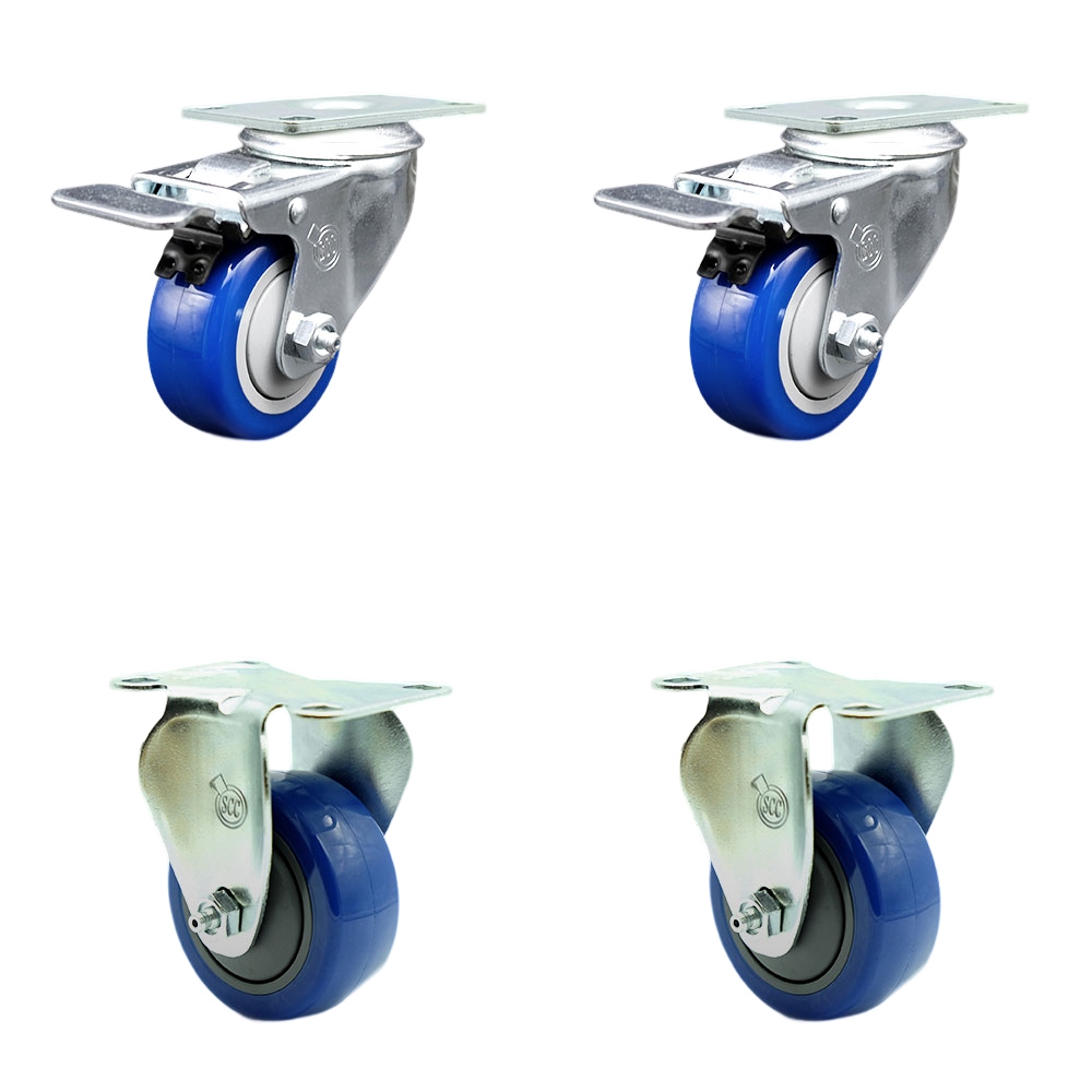 Stainless Steel Polyurethane Top Plate Caster Set of 4 w/3.5" x 1.25"  Blue Wheels - 2 Swivel Casters w/Total Locking Brake & 2 Rigid - 1200 lbs Capacity/Caster - Service Caster Brand — photo 1