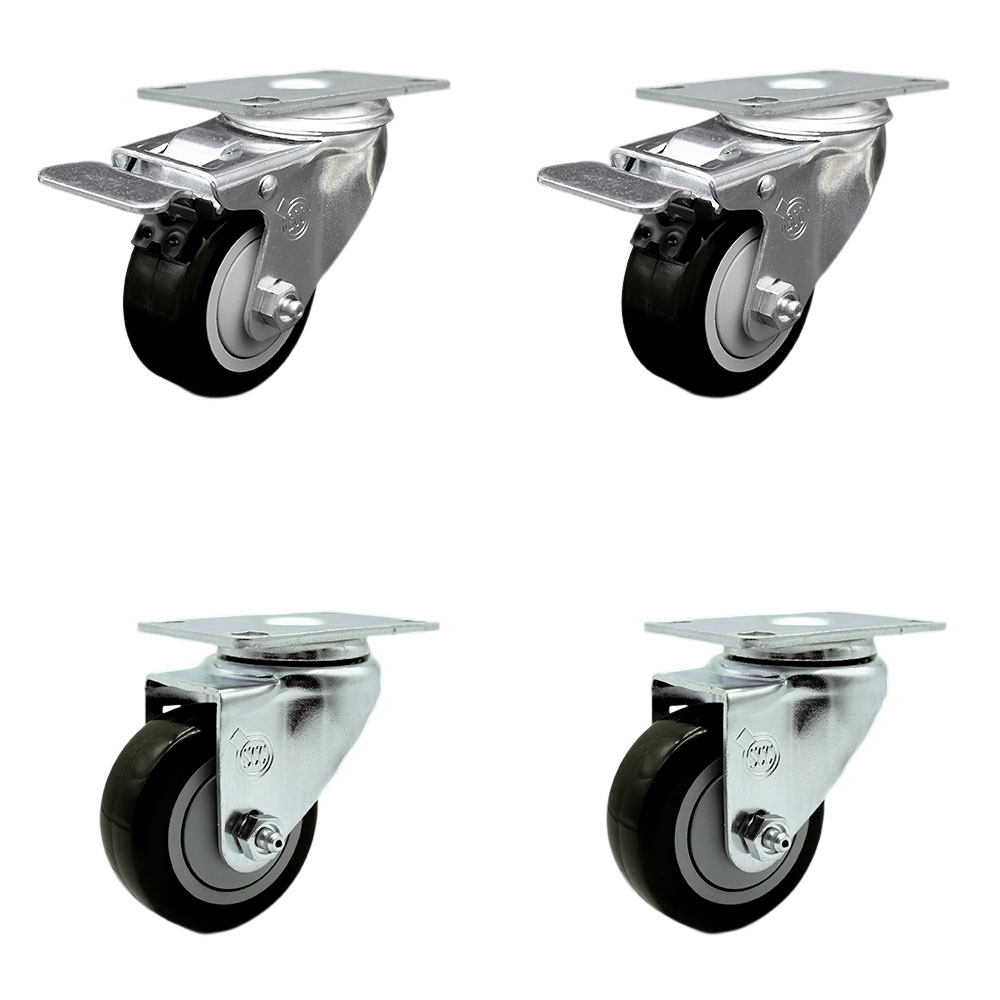 Stainless Steel Polyurethane Swivel Top Plate Caster Set of 4 w/3.5" x 1.25" Black Wheels - Includes 2 with Total Locking Brakes - 1200 lbs Total Capacity - Service Caster Brand — photo 1