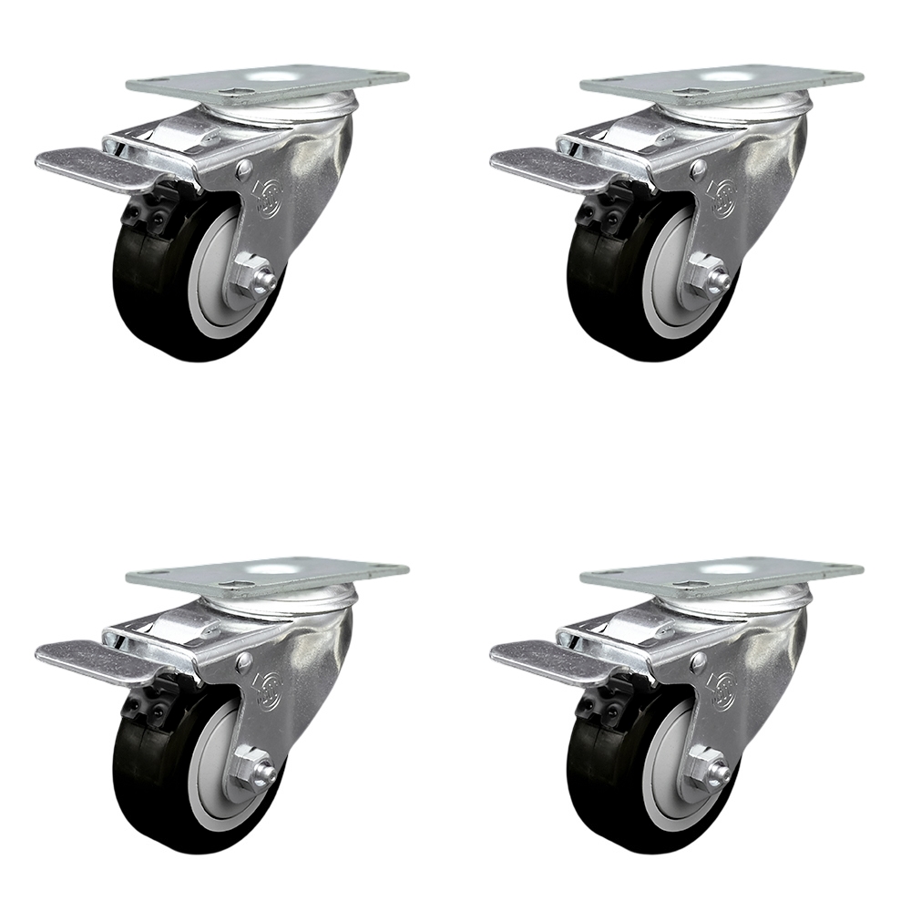 Stainless Steel Polyurethane Swivel Top Plate Caster Set of 4 w/3.5" x 1.25" Black Wheels - Includes 4 Swivel with Total Lock Brakes - 1200 lbs Total Capacity - Service Caster Brand — photo 1