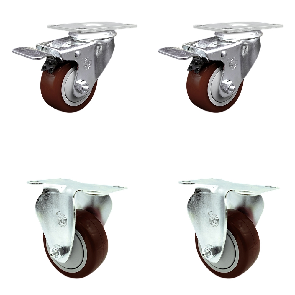 Stainless Steel Polyurethane Top Plate Caster Set of 4 w/3.5" x 1.25"  Maroon Wheels - 2 Swivel Casters w/Total Locking Brake & 2 Rigid - 1200 lbs Capacity/Caster - Service Caster Brand — photo 1