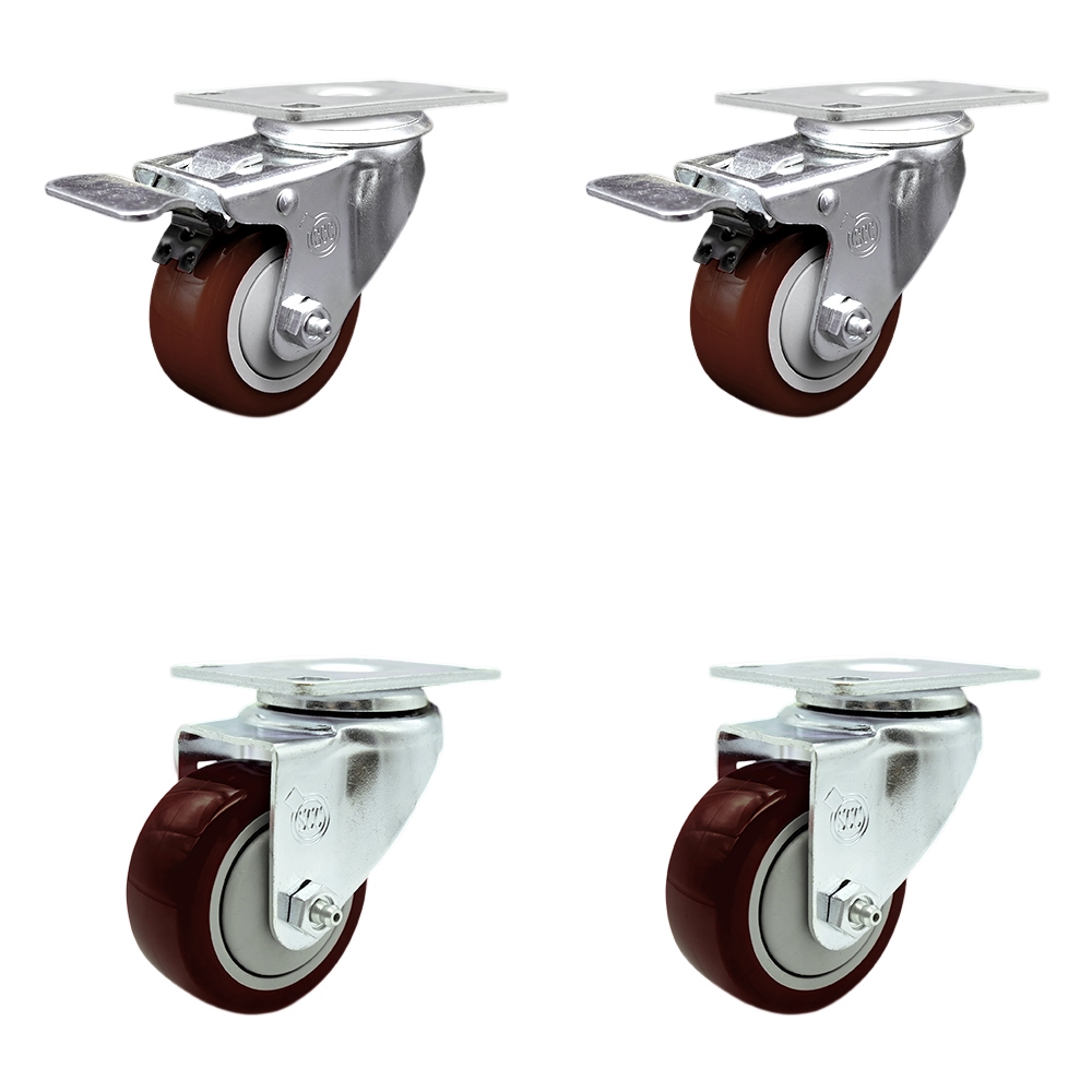 Stainless Steel Polyurethane Swivel Top Plate Caster Set of 4 w/3.5" x 1.25"  Maroon Wheels - Includes 2 with Total Locking Brakes - 1200 lbs Total Capacity - Service Caster Brand — photo 1