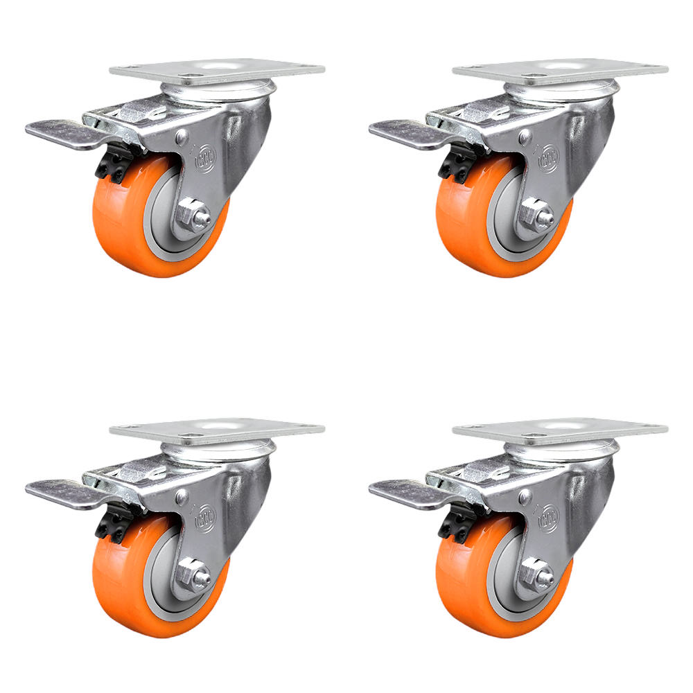 Stainless Steel Polyurethane Swivel Top Plate Caster Set of 4 w/3.5" x 1.25" Orange Wheels - Includes 4 Swivel with Total Lock Brakes - 1200 lbs Total Capacity - Service Caster Brand — photo 1