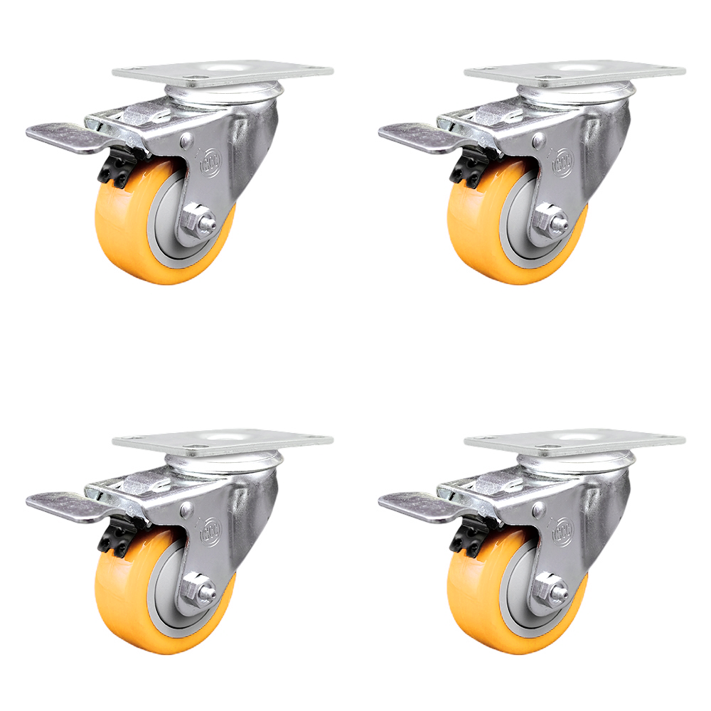 Stainless Steel Polyurethane Swivel Top Plate Caster Set of 4 w/3.5" x 1.25" Yellow Wheels - Includes 4 Swivel with Total Lock Brakes - 1200 lbs Total Capacity - Service Caster Brand — photo 1
