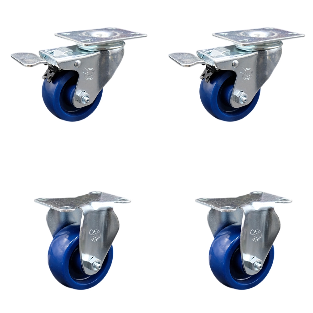 Stainless Steel Solid Polyurethane Swivel Top Plate Caster Set of 4 w/3.5" x 1.25" Blue Wheels - Includes 2 Swivel with Total Locking Brakes & 2 Rigid - 1200 lbs Total Capacity - Service Caster Brand — photo 1