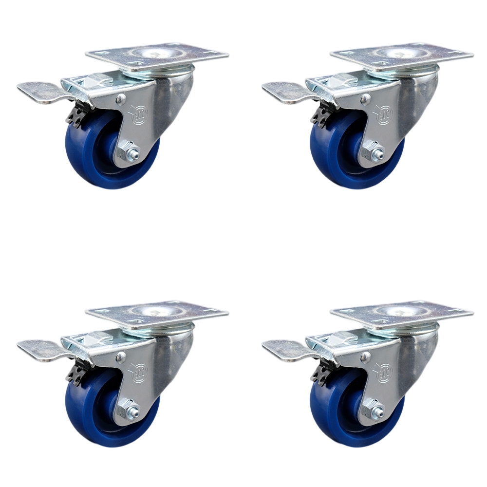 Stainless Steel Solid Polyurethane Swivel Top Plate Caster Set of 4 w/3.5" x 1.25" Blue Wheels - Includes 4 Swivel with Total Lock Brakes - 1200 lbs Total Capacity - Service Caster Brand — photo 1
