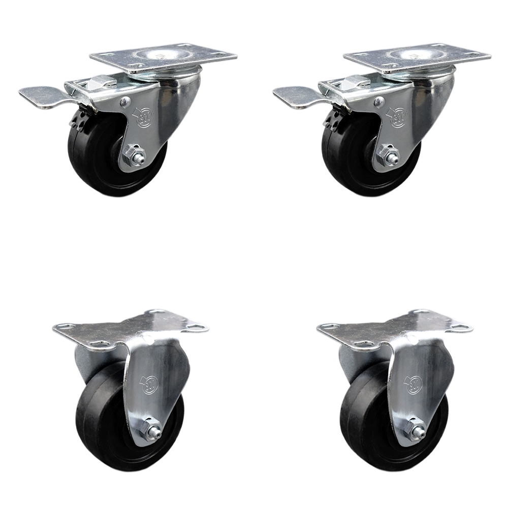 Stainless Steel Soft Rubber Swivel Top Plate Caster Set of 4 w/3.5" x 1.25" Black Wheels - Includes 2 Swivel with Total Locking Brakes & 2 Rigid - 800 lbs Total Capacity - Service Caster Brand — photo 1