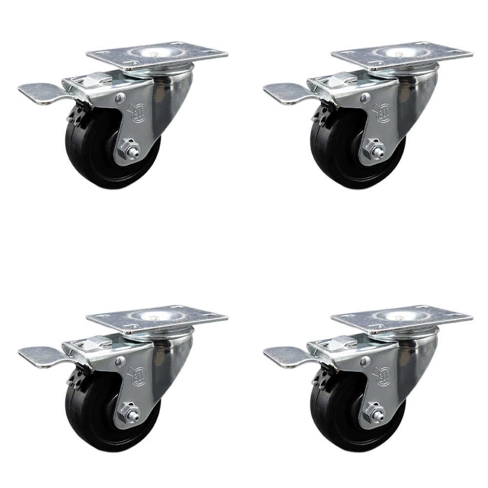 Stainless Steel Soft Rubber Swivel Top Plate Caster Set of 4 w/3.5" x 1.25" Black Wheels - Includes 4 Swivel with Total Lock Brakes - 800 lbs Total Capacity - Service Caster Brand — photo 1