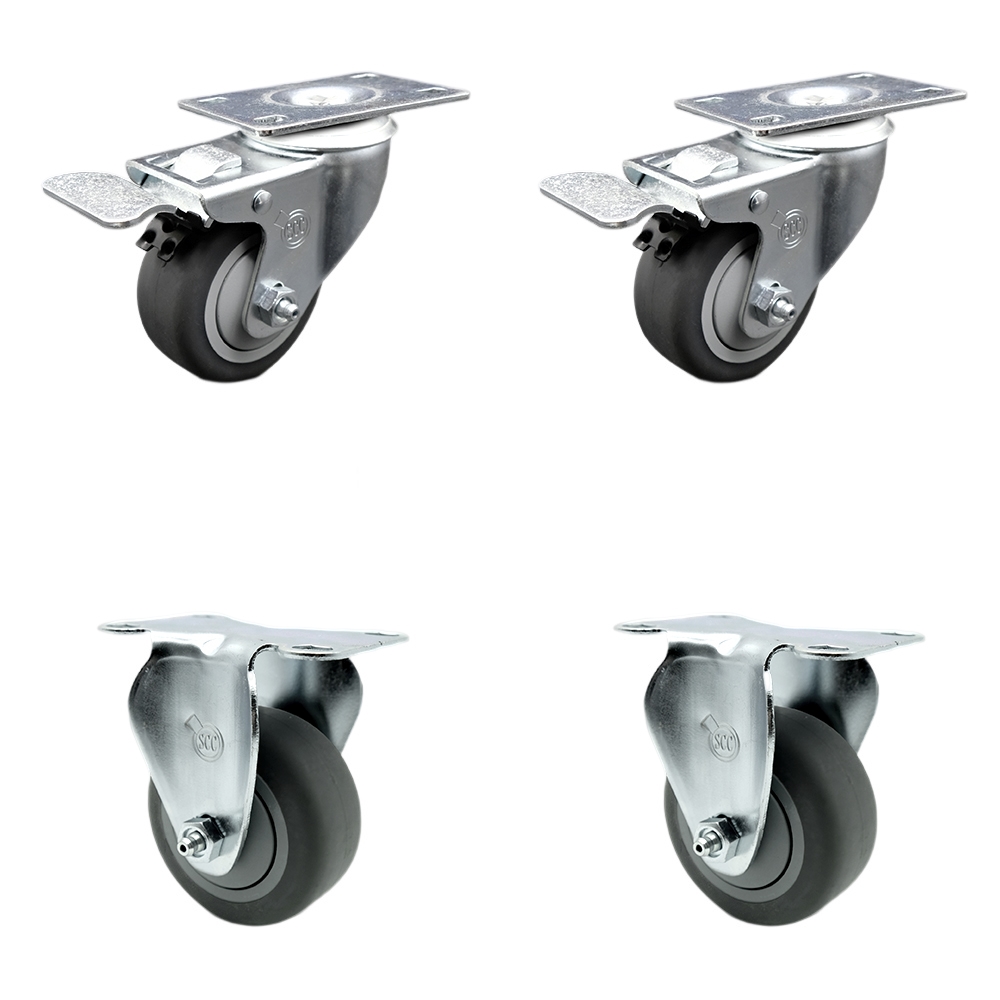 Stainless Steel Thermoplastic Rubber Swivel Top Plate Caster Set of 4 - 3.5" x 1.25" Gray Wheels- Includes 2 Swivel with Total Locking Brakes & 2 Rigid - 920 lbs Total Capacity - Service Caster Brand — photo 1