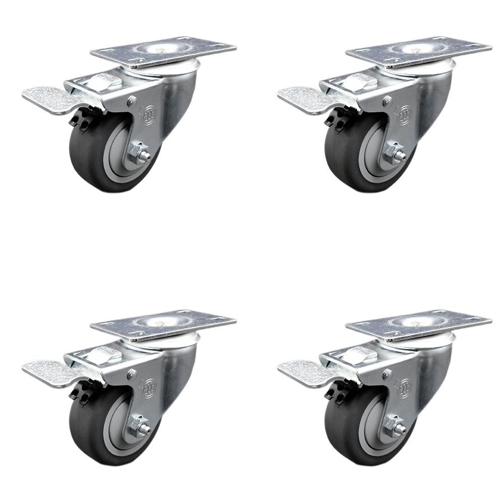 Stainless Steel Thermoplastic Rubber Swivel Top Plate Caster Set of 4 w/3.5" x 1.25" Gray Wheels - Includes 4 Swivel with Total Lock Brakes - 920 lbs Total Capacity - Service Caster Brand — photo 1