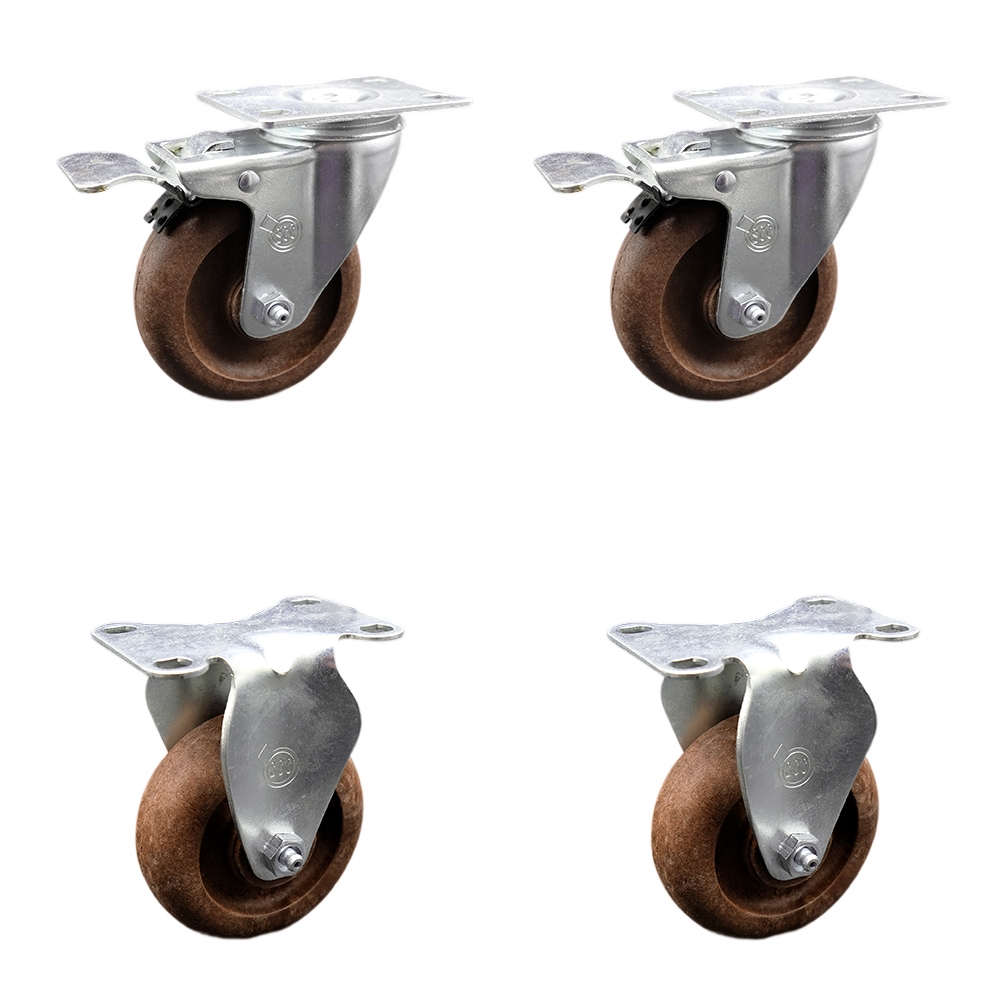 Stainless Steel High Temp Glass Filled Nylon Swivel Top Plate Caster Set of 4 w/4" x 1.25" Brown Wheels-Includes 2 Swivel with Total Locking Brakes&2 Rigid-1400 lbs Total Capacity-Service Caster Brand — photo 1