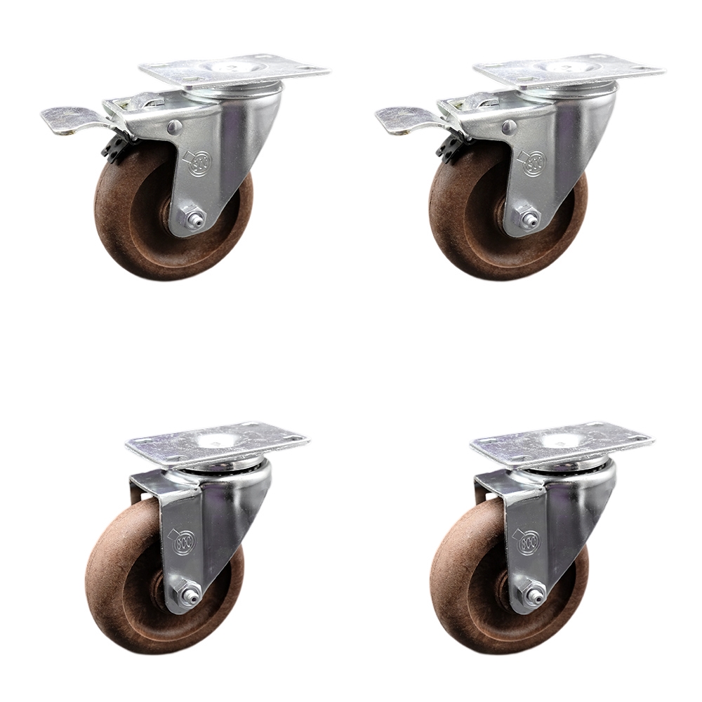 Stainless Steel High Temp Glass Filled Nylon Swivel Top Plate Caster Set 4 w/4" x 1.25" Brown Wheels-Includes 2 Swivel with Total Locking Brakes & 2 Swivel-1400 lbs Total Capacity-Service Caster Brand — photo 1