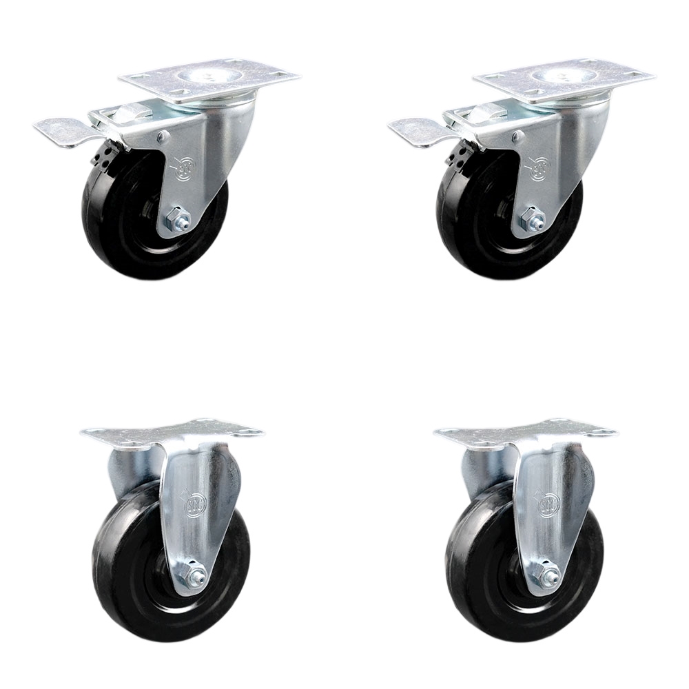 Stainless Steel Hard Rubber Swivel Top Plate Caster Set of 4 w/4" x 1.25" Black Wheels - Includes 2 Swivel with Total Locking Brakes & 2 Rigid - 1100 lbs Total Capacity - Service Caster Brand — photo 1