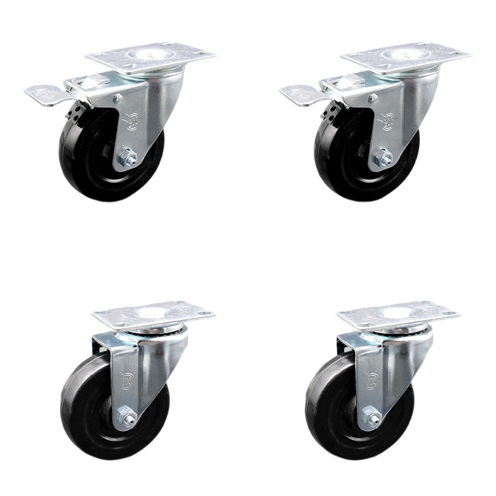 Stainless Steel Hard Rubber Swivel Top Plate Caster Set of 4 w/4" x 1.25" Black Wheels - Includes 2 Swivel with Total Locking Brakes & 2 Swivel - 1100 lbs Total Capacity - Service Caster Brand — photo 1